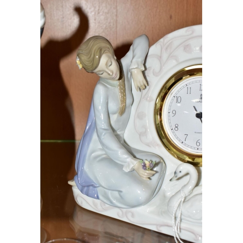 523 - BOXED LLADRO CLOCK AND FIGURINE, comprising a Swan Clock 5777, height 18cm x width 26cm x depth 9cm,... 