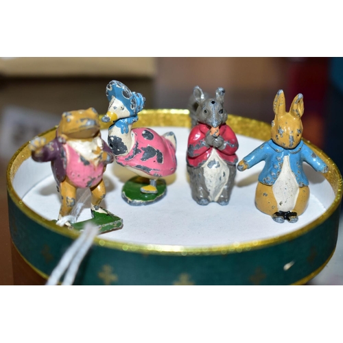 527 - A SET OF TIMPO CAST LEAD PETER RABBIT FIGURES, Peter Rabbit, Jemima Puddleduck, Timmy Tiptoes and Je... 