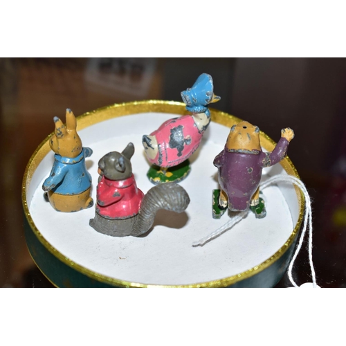 527 - A SET OF TIMPO CAST LEAD PETER RABBIT FIGURES, Peter Rabbit, Jemima Puddleduck, Timmy Tiptoes and Je... 