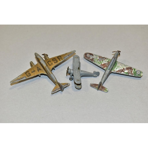 528 - THREE PRE-WAR/WWII DINKY TOYS AIRCRAFT, De Havilland 'Comet', in gold with registration G-ACSR, vers... 