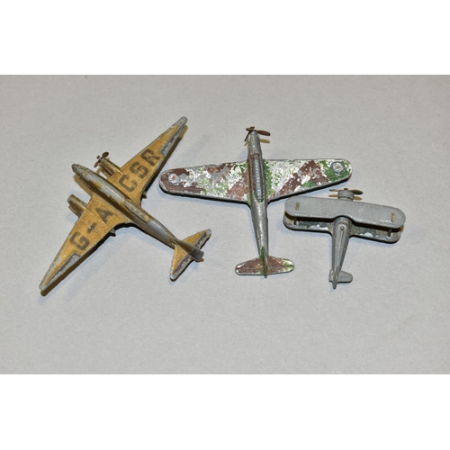 528 - THREE PRE-WAR/WWII DINKY TOYS AIRCRAFT, De Havilland 'Comet', in gold with registration G-ACSR, vers... 