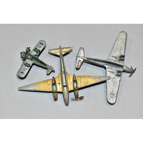 528 - THREE PRE-WAR/WWII DINKY TOYS AIRCRAFT, De Havilland 'Comet', in gold with registration G-ACSR, vers... 