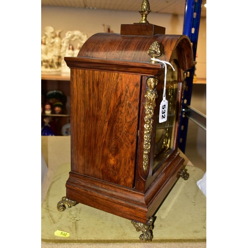 532 - A LATE 19TH CENTURY WINTERHALDER & HOFMEIER ROSEWOOD CASED TING TANG BRACKET CLOCK, the arched top w... 