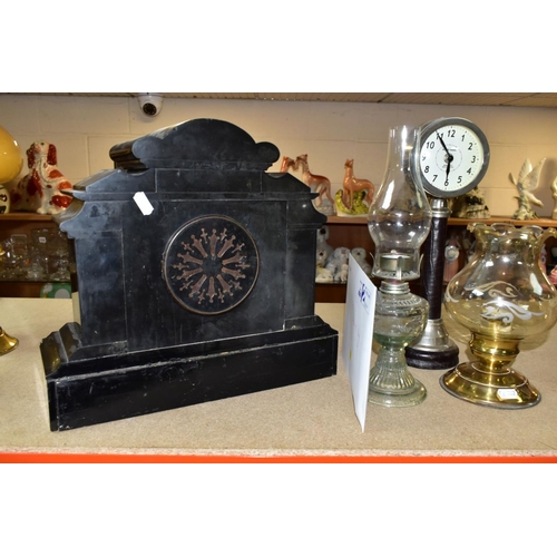 537 - A LATE VICTORIAN BLACK SLATE MANTEL CLOCK OF ARCHITECTURAL FORM, enamel dial with Arabic numerals, c... 