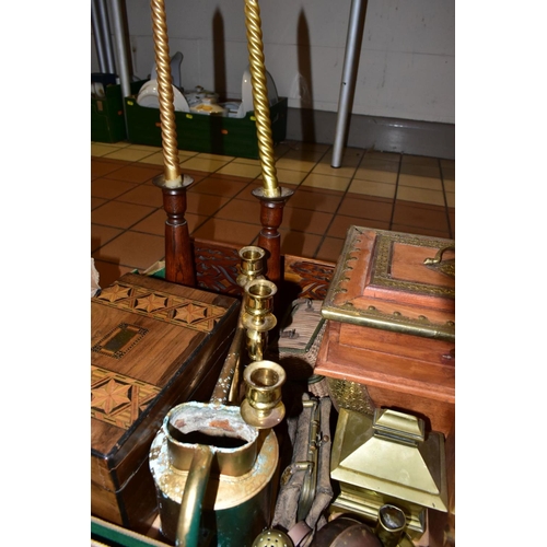 545 - TWO BOXES OF METALWARES AND TREEN, to include a brass mounted thermometer with adjustable scales in ... 