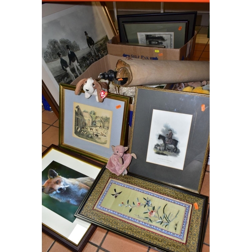 548 - THREE BOXES AND LOOSE PICTURES, MAP, LINENS, SOFT TOYS AND SUNDRY ITEMS, to include a canvas backed ... 