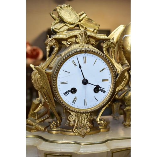 549 - A SECOND HALF 19TH CENTURY FRENCH ALABASTER AND GILT METAL FIGURAL MANTEL CLOCK BY JAPY FRERES, with... 