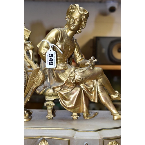 549 - A SECOND HALF 19TH CENTURY FRENCH ALABASTER AND GILT METAL FIGURAL MANTEL CLOCK BY JAPY FRERES, with... 