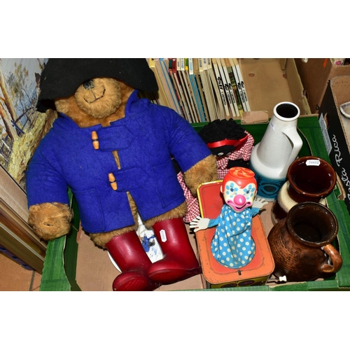 559 - TWO BOXES AND LOOSE TOYS, BOOKS, CERAMICS AND SUNDRY ITEMS, to include a Paddington Bear teddy heigh... 