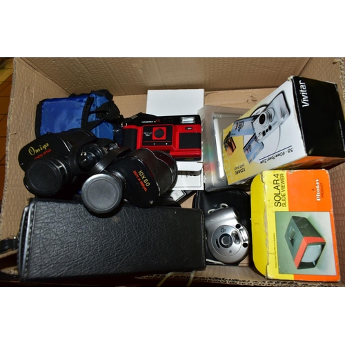 562 - THREE BOXES AND LOOSE METALWARES, PHOTOGRAPHIC EQUIPMENT AND SUNDRY ITEMS, to include digital camera... 