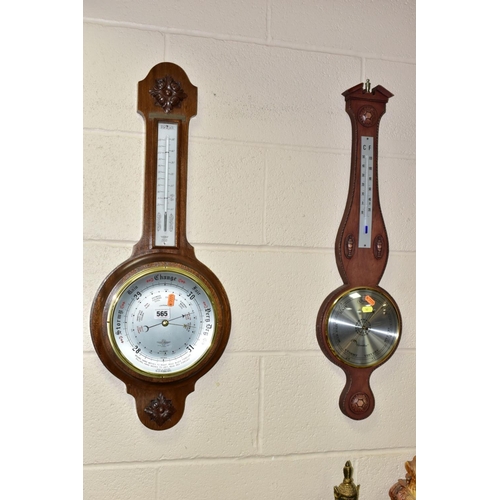 565 - TWO ANEROID  BAROMETERS, banjo style, wall hanging, comprising an oak cased English Shortland Smiths... 