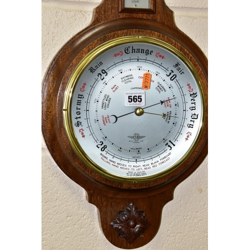 565 - TWO ANEROID  BAROMETERS, banjo style, wall hanging, comprising an oak cased English Shortland Smiths... 