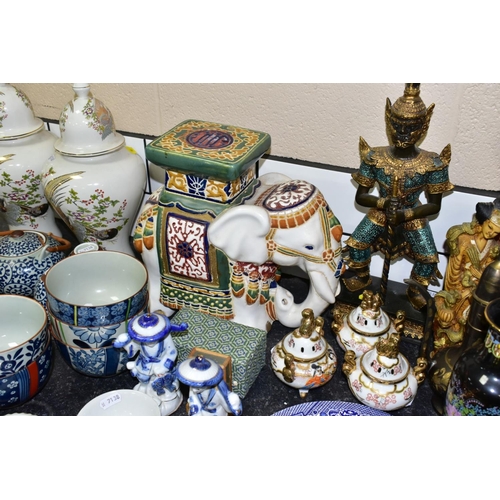 566 - A GROUP OF ORIENTAL AND THAI CERAMICS, BRONZES AND PICTURES, to include a green nephrite scent bottl... 