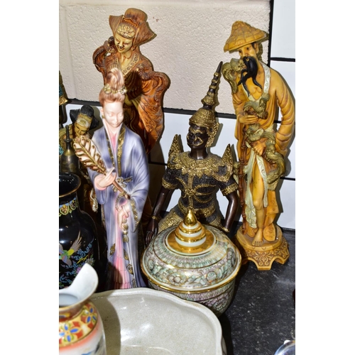 566 - A GROUP OF ORIENTAL AND THAI CERAMICS, BRONZES AND PICTURES, to include a green nephrite scent bottl... 