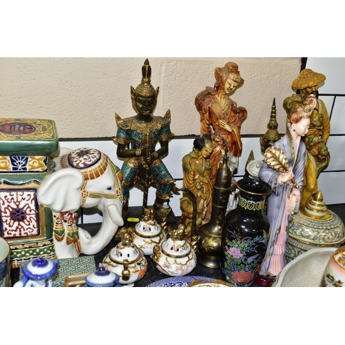 566 - A GROUP OF ORIENTAL AND THAI CERAMICS, BRONZES AND PICTURES, to include a green nephrite scent bottl... 