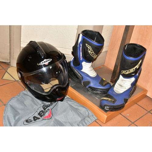 572 - MOTORBIKE LEATHERS ETC, comprising two IXS black and multi coloured leather jackets 42'' and 50'', w... 