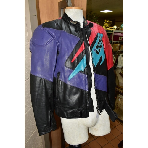 572 - MOTORBIKE LEATHERS ETC, comprising two IXS black and multi coloured leather jackets 42'' and 50'', w... 