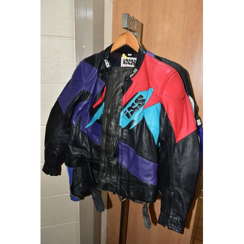 572 - MOTORBIKE LEATHERS ETC, comprising two IXS black and multi coloured leather jackets 42'' and 50'', w... 