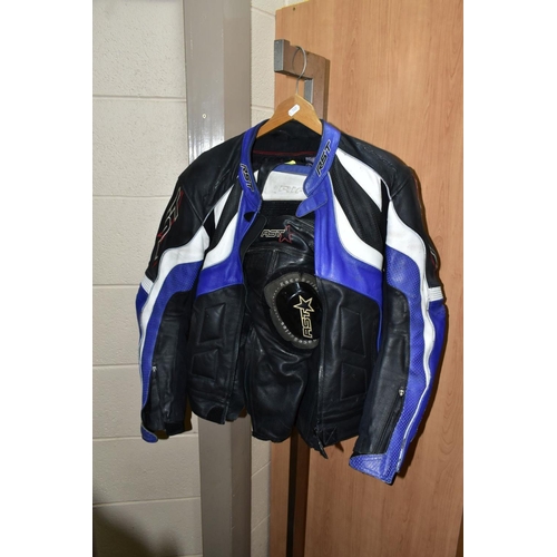 572 - MOTORBIKE LEATHERS ETC, comprising two IXS black and multi coloured leather jackets 42'' and 50'', w... 