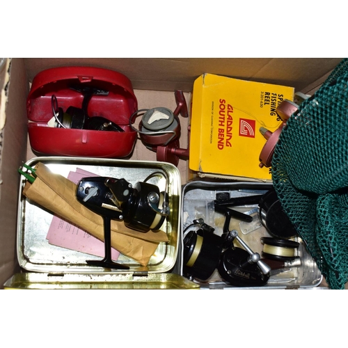 574 - TWO BOXES AND LOOSE FISHING RODS, REELS AND ACCESSORIES, bagged rods to include Arthur Price Jnr Bos... 