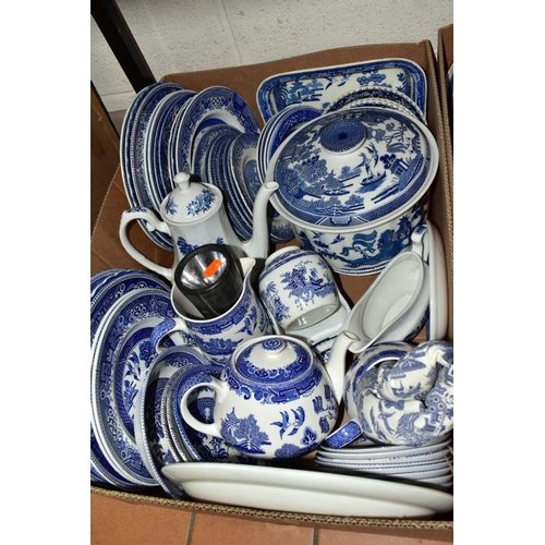 576 - FOUR BOXES AND LOOSE CERAMICS AND GLASSWARES, to include over eighty pieces of Willow pattern tea an... 