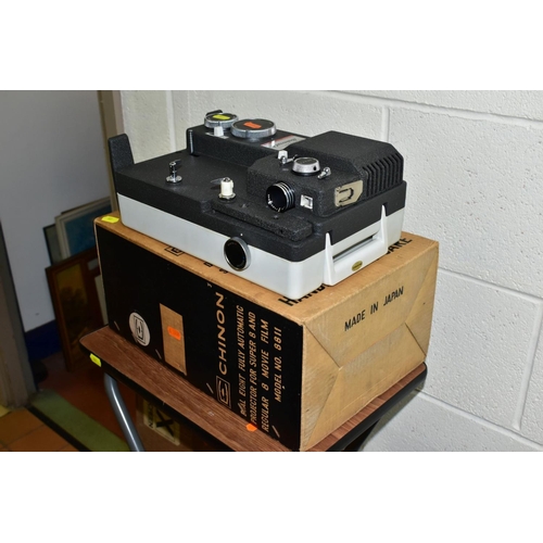 577 - A BOX AND LOOSE FILM PROJECTOR, STAND, SCREEN, RECORD PLAYER, PHOTOGRAPHIC AND OPTICAL EQUIPMENT, to... 