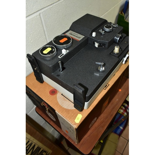 577 - A BOX AND LOOSE FILM PROJECTOR, STAND, SCREEN, RECORD PLAYER, PHOTOGRAPHIC AND OPTICAL EQUIPMENT, to... 