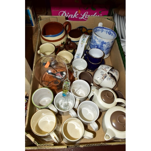 583 - FIVE BOXES OF CERAMICS, GLASSWARES AND SUNDRY ITEMS, to include a fifty six piece Royal Doulton Tumb... 