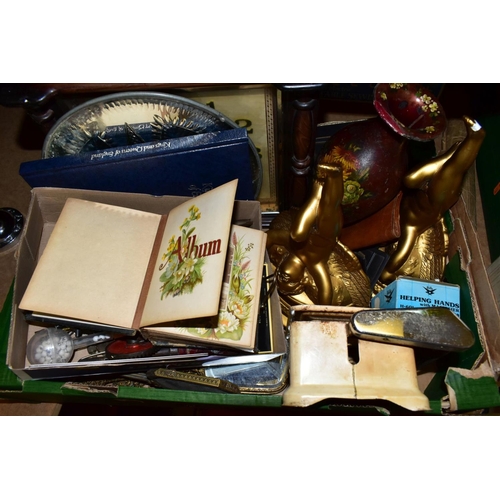 584 - THREE BOXES AND LOOSE TOOLS, 78 RPM RECORDS, PARASOL, PHOTOGRAPH ALBUM AND SUNDRY ITEMS, to include ... 