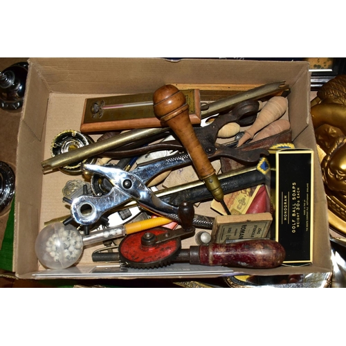 584 - THREE BOXES AND LOOSE TOOLS, 78 RPM RECORDS, PARASOL, PHOTOGRAPH ALBUM AND SUNDRY ITEMS, to include ... 