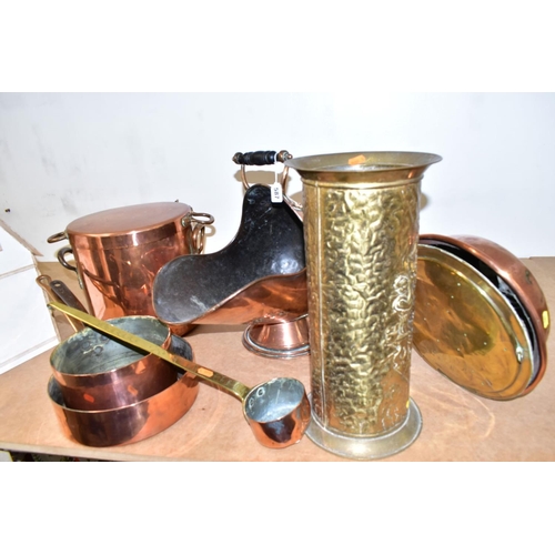 587 - A SMALL GROUP OF LARGE BRASS AND COPPER ITEMS, seven pieces, comprising two copper saucepans one sta... 