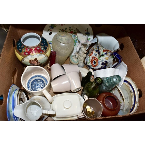 590 - THREE BOXES AND LOOSE CERAMICS, GLASS AND SUNDRY ITEMS, to include six Poole twintone cups and sauce... 