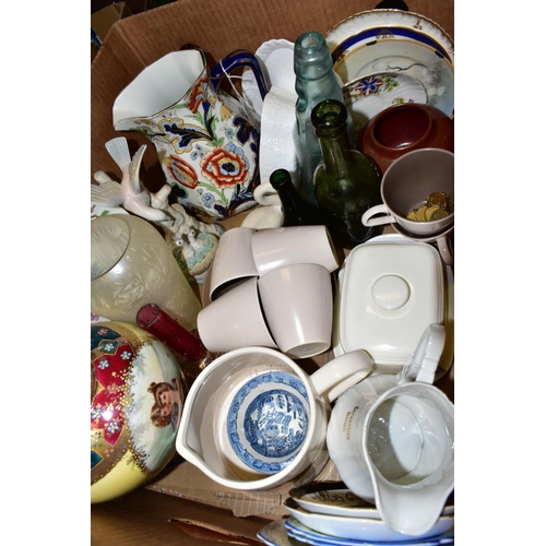 590 - THREE BOXES AND LOOSE CERAMICS, GLASS AND SUNDRY ITEMS, to include six Poole twintone cups and sauce... 