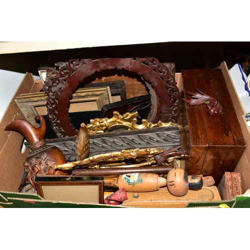 595 - TWO BOXES AND LOOSE TREEN AND NEEDLEWORK, to include a wooden work box with original interior, a pai... 