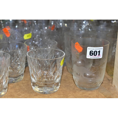 601 - A COLLECTION OF DRINKING GLASSES, ETC to include six small wine, four large wine, various whisky, fi... 