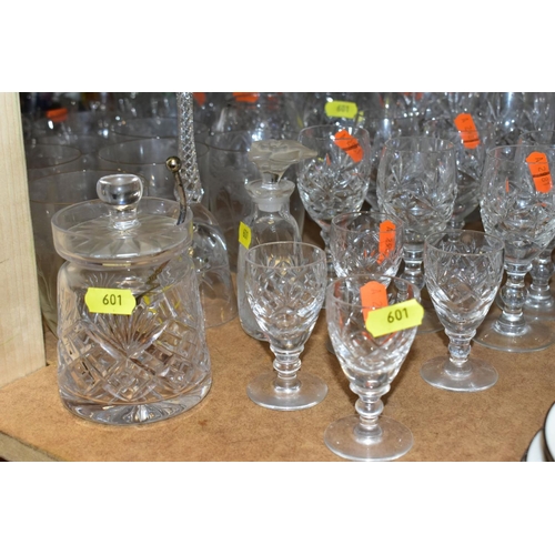 601 - A COLLECTION OF DRINKING GLASSES, ETC to include six small wine, four large wine, various whisky, fi... 