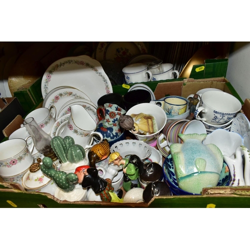 602 - FOUR BOXES CONTAINING VARIOUS JUGS PLATES PART TEA SETS AND ORNAMENTS, including Paragon Belinda tea... 