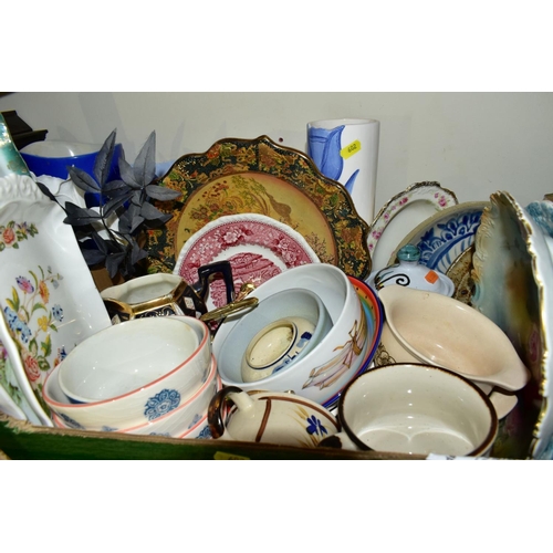 602 - FOUR BOXES CONTAINING VARIOUS JUGS PLATES PART TEA SETS AND ORNAMENTS, including Paragon Belinda tea... 