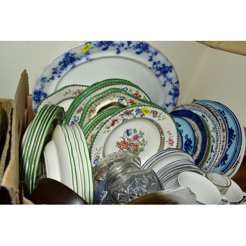 602 - FOUR BOXES CONTAINING VARIOUS JUGS PLATES PART TEA SETS AND ORNAMENTS, including Paragon Belinda tea... 