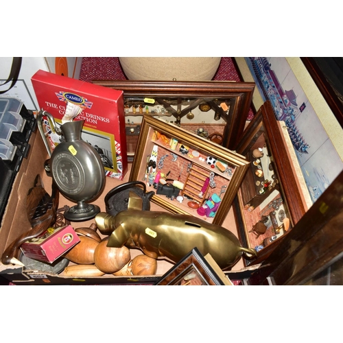 603 - SEVEN FRAMED PICTURES, A LARGE POTTERY VASE, AND A BOX OF SUNDRIES containing a German pewter Frieli... 