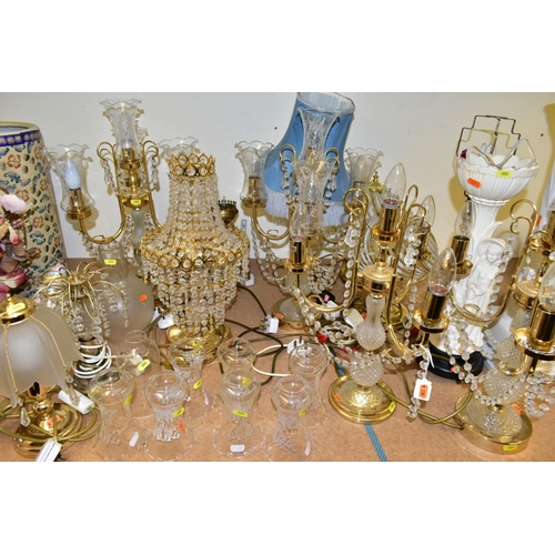 604 - A COLLECTION OF THIRTEEN LAMPS AND THREE  FLOORSTANDING VASES including four matching ornate glass c... 