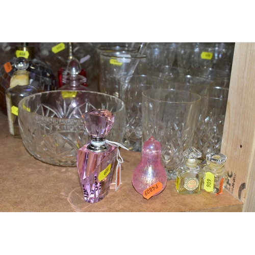 606 - FIVE SETS OF DRINKING GLASSES, in sets of six or more, a large glass fruit bowl, two decanters, glas... 