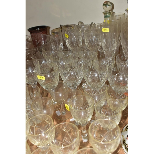 606 - FIVE SETS OF DRINKING GLASSES, in sets of six or more, a large glass fruit bowl, two decanters, glas... 