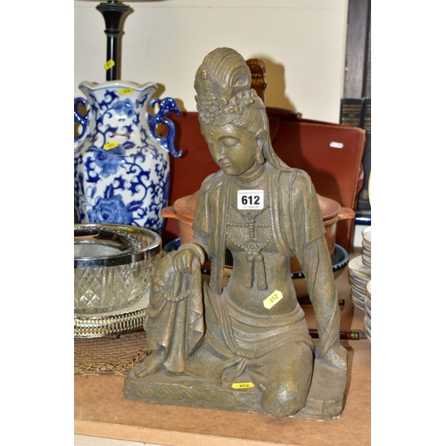 612 - A TALL ORNATE CANDELABRA 105cm, MODERN RESIN BUDDHA 40cm TALL, two matching lamps with shades 72cm h... 