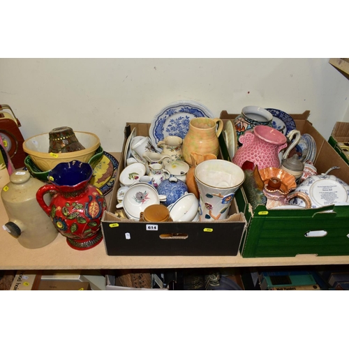 614 - TWO BOXES CONTAINING APPROX FORTY CERAMIC ITEMS INCLUDING FIVE SUSIE COOPER BLUE DAHLIA SOUP DISHES,... 