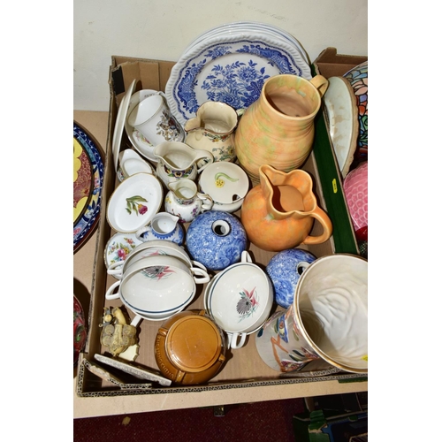 614 - TWO BOXES CONTAINING APPROX FORTY CERAMIC ITEMS INCLUDING FIVE SUSIE COOPER BLUE DAHLIA SOUP DISHES,... 