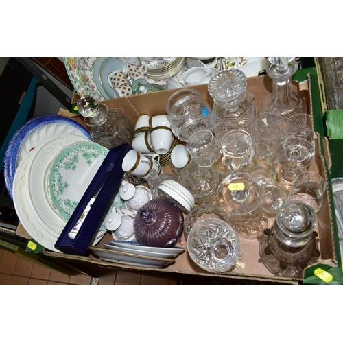 620 - THREE BOXES AND LOOSE CERAMICS AND GLASS WARES, to include Royal Worcester 'June Garland' cups, sauc... 