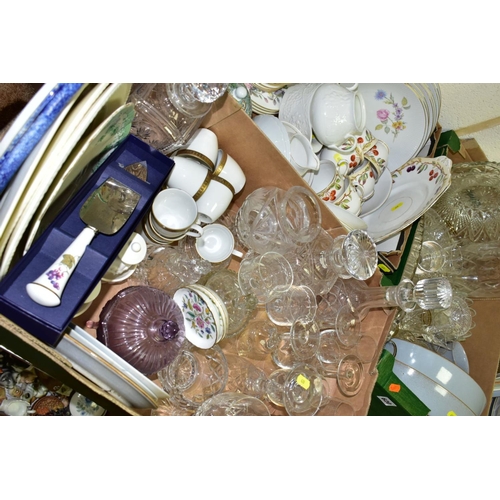 620 - THREE BOXES AND LOOSE CERAMICS AND GLASS WARES, to include Royal Worcester 'June Garland' cups, sauc... 