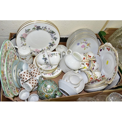 620 - THREE BOXES AND LOOSE CERAMICS AND GLASS WARES, to include Royal Worcester 'June Garland' cups, sauc... 