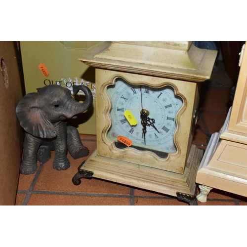 624 - A BOX AND LOOSE SUNDRY ITEMS ETC, to include a Leonardo elephant sculpture, two quartz clocks, a box... 